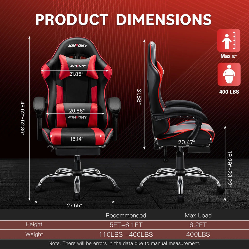 JONPONY Big and Tall Gaming Chair, Ergonomic Design, Gamer Chair PU Leather with Footrest and Lumbar Support, High Back Office Chair Support 8 Hours Long Sitting, Computer Chair,Black Grey