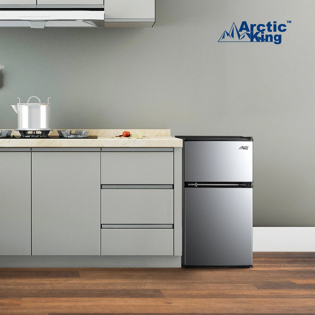 Arctic King 3.2 Cu ft Two Door Mini Fridge with Freezer, Stainless Steel, E-Star, ARM32D5ASL