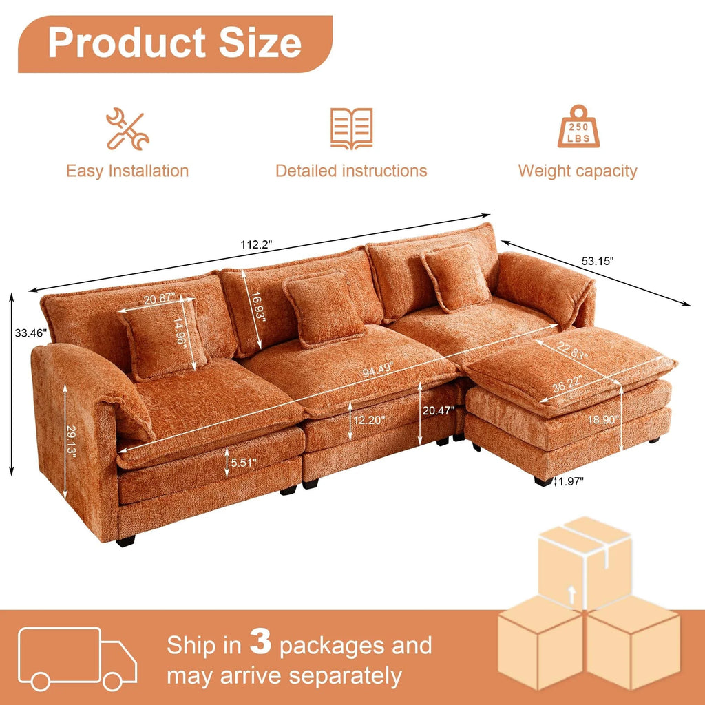 GNIXUU 112" Oversized Sectional Sofa Cloud Couch for Living Room, Modern Chenille L Shaped Couch, Comfy Boucle Modular Sofa Sleeper with Moveable Ottoman & Memory Foam (Green)