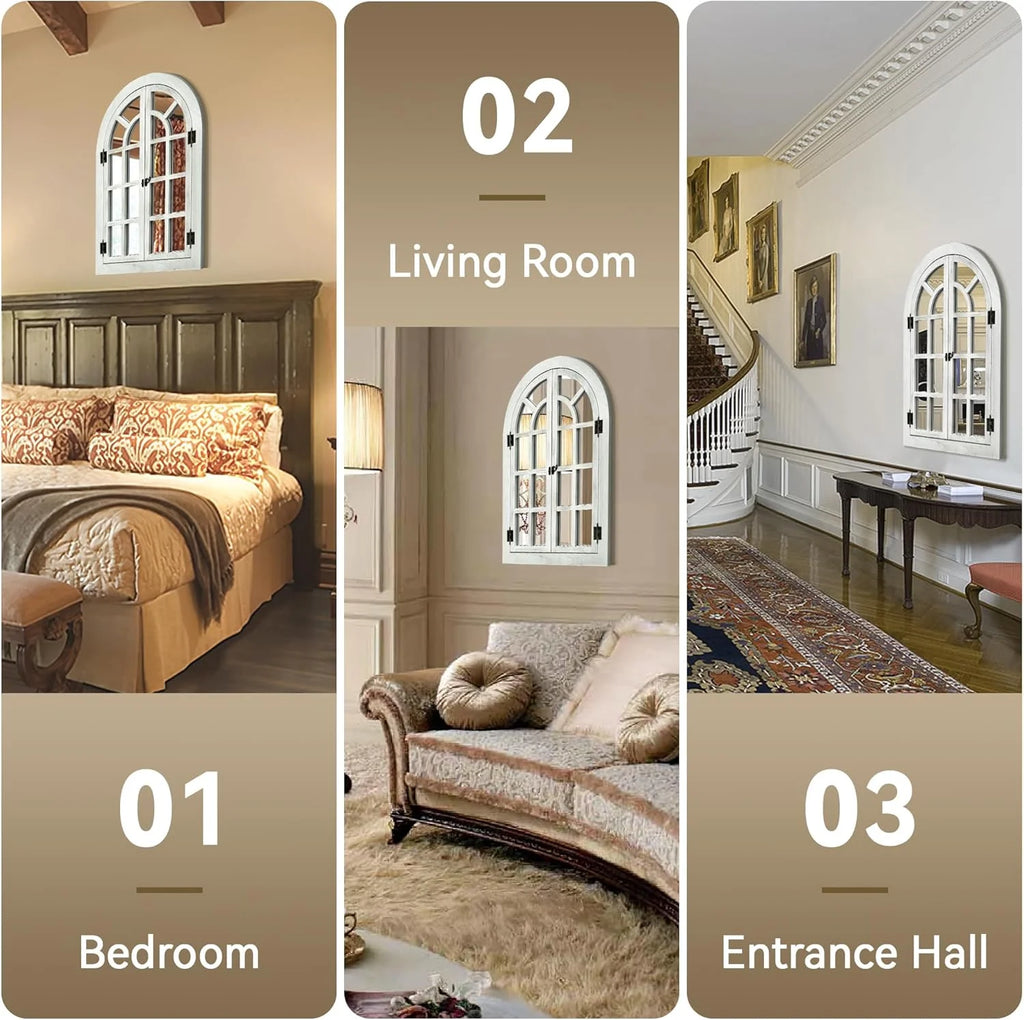 Window Mirrors for Wall Decor -White Arched Wall Mirror Farmhouse Wall Decor Wood Frame Decorative Wall Mirrors Like Window for Bedroom, Living Room, Entrance, Dining Room
