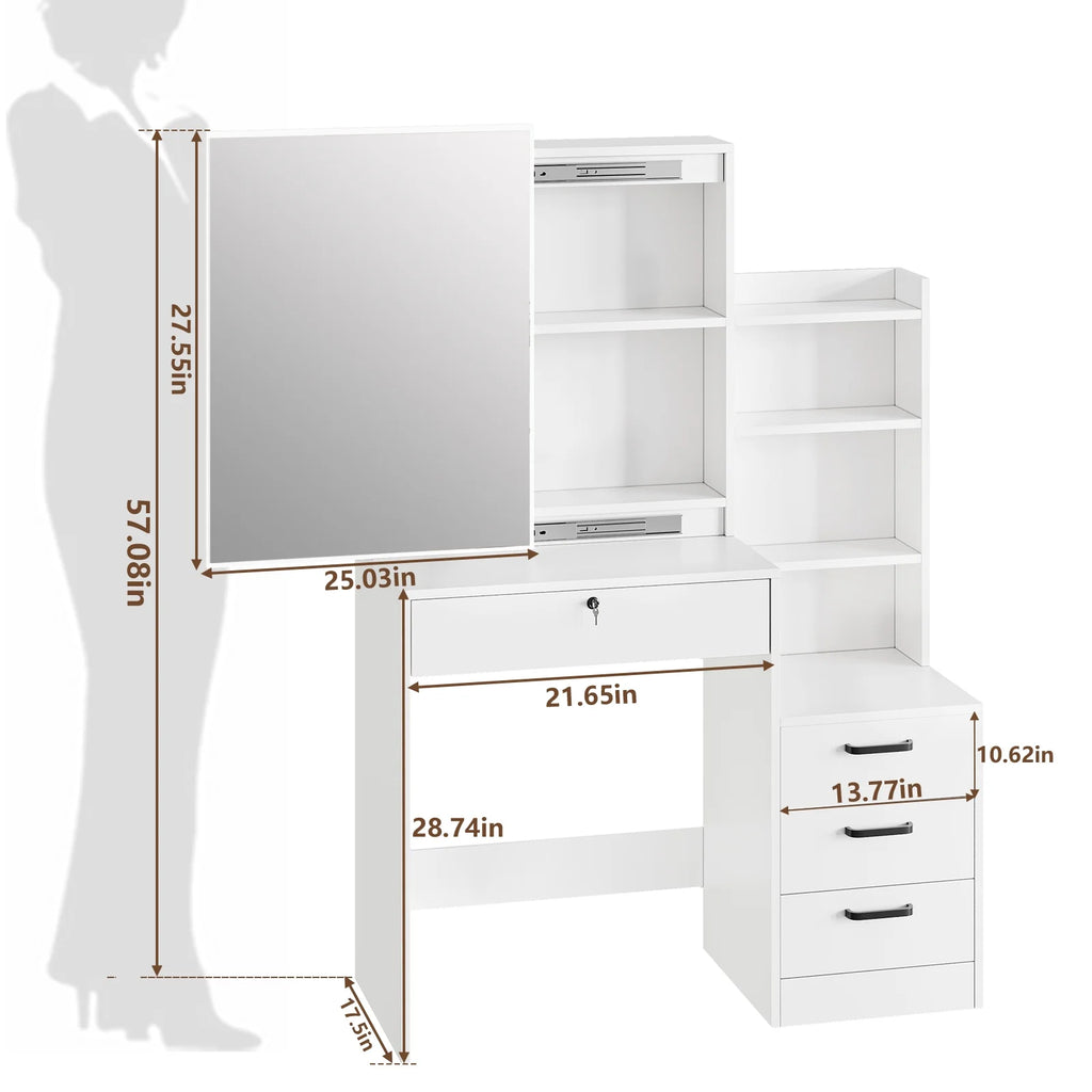 Fenbeli Vanity Set with Mirror and Lights, Makeup Vanity with 3 Drawers, Vanity Desk for Girls, Women, White