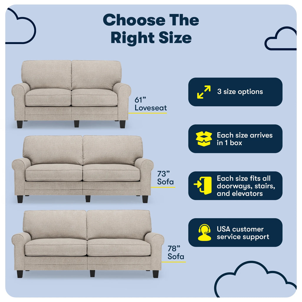 Serta Copenhagen 73" Rolled Arm Sofa with Removable Covers Light Gray