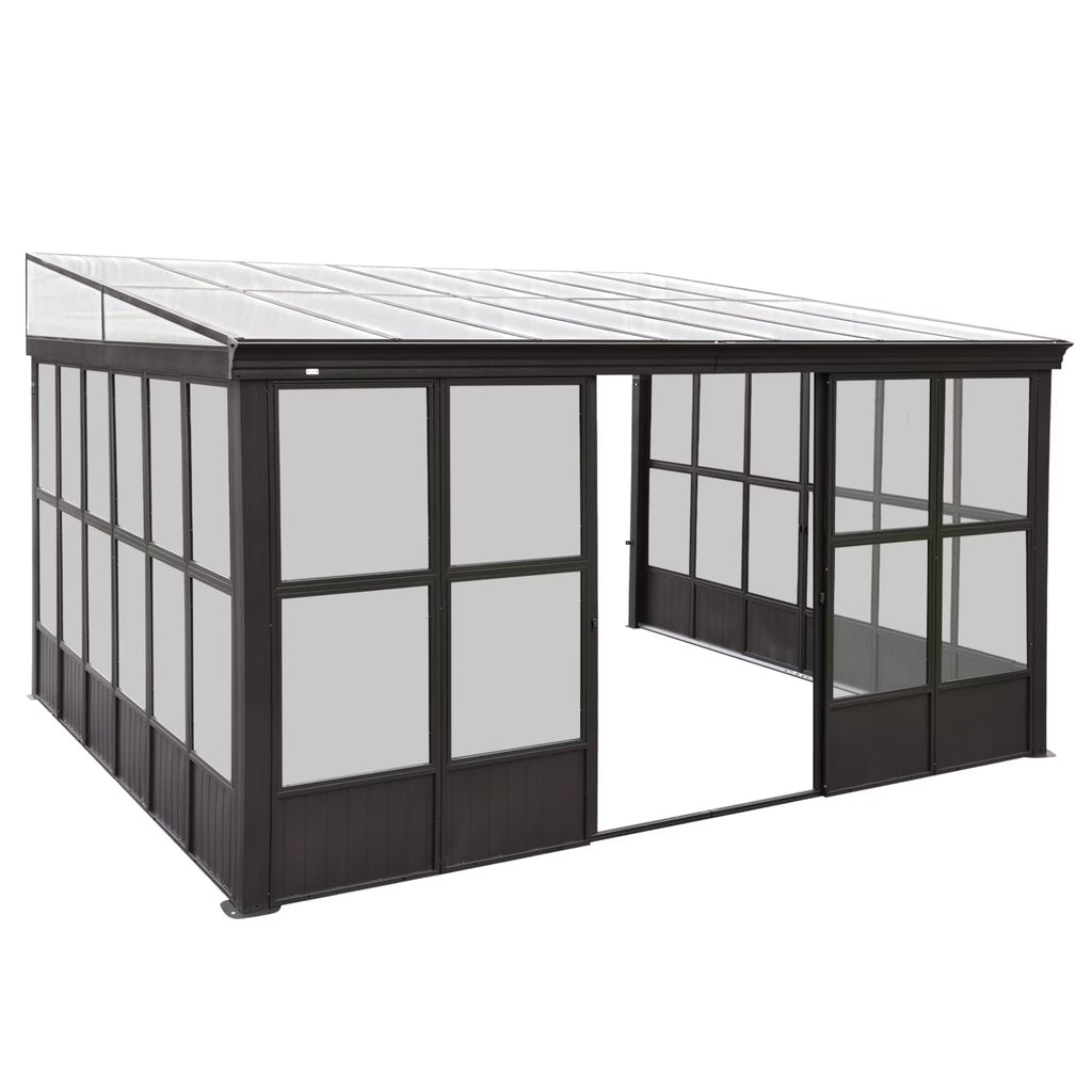 TOTAL Outdoor 10'x12' All-Season Sunroom Gazebo with Steel Roof, PVC Screen, Front & Side Door, Brown