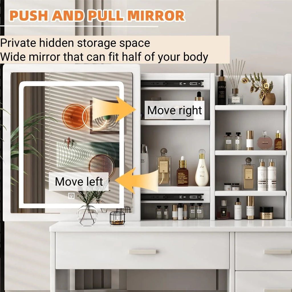 Montary Modern Mini Vanity w/Adjustable LED Mirror + Hidden Storage, Padded Stool & Dustproof Shelves (White)