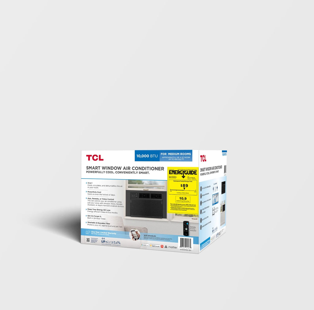 TCL 10,000 BTU Smart Window Air Conditioner, Fan & Dehumidifier, 450 Sq. Ft., Remote Control, Works with Alexa/Google Assistant, Black, W10W92-B4