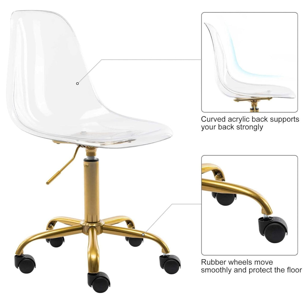saney Clear Rolling Chair, Armless Desk Chair with Golden Feet Swivel Molded Plastic Shell Adjustable Home Office Chair with Wheels, Clear