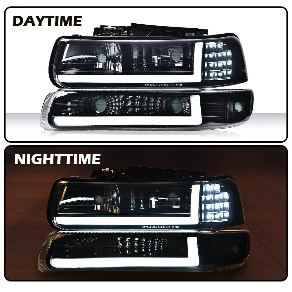 G-Plus LED DRL Headlights+Bumper Lamps Smoked Fit for 1999-2002 Chevy Silverado 2000-2006 Tahoe