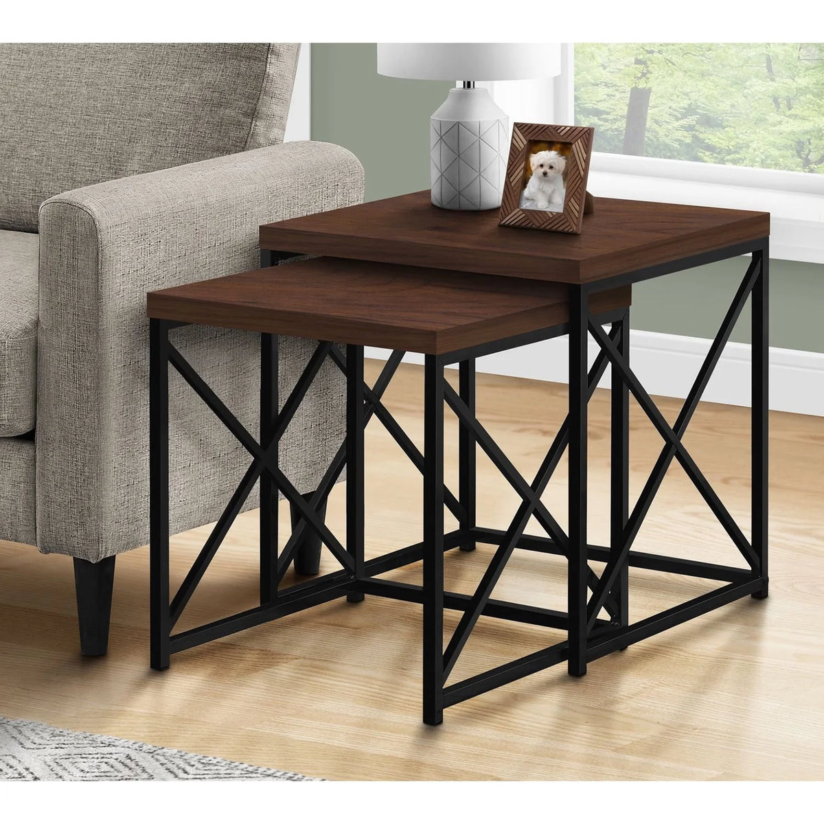 Monarch Specialties 2 Piece Square Metal Nesting Table Set, Cherry/Black