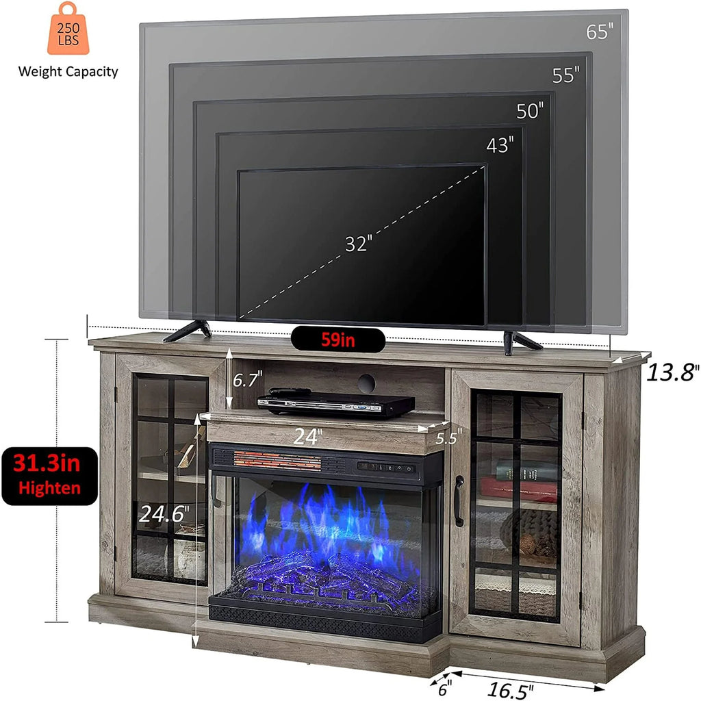 Merluxy 75in 3-Sided Glass Fireplace TV Stand for TVs up to 85", Distressed White