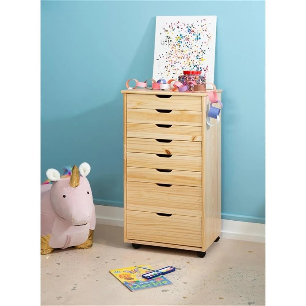 Linon Callie Eight Drawer Rolling Storage Cart in Natural Stained Wood