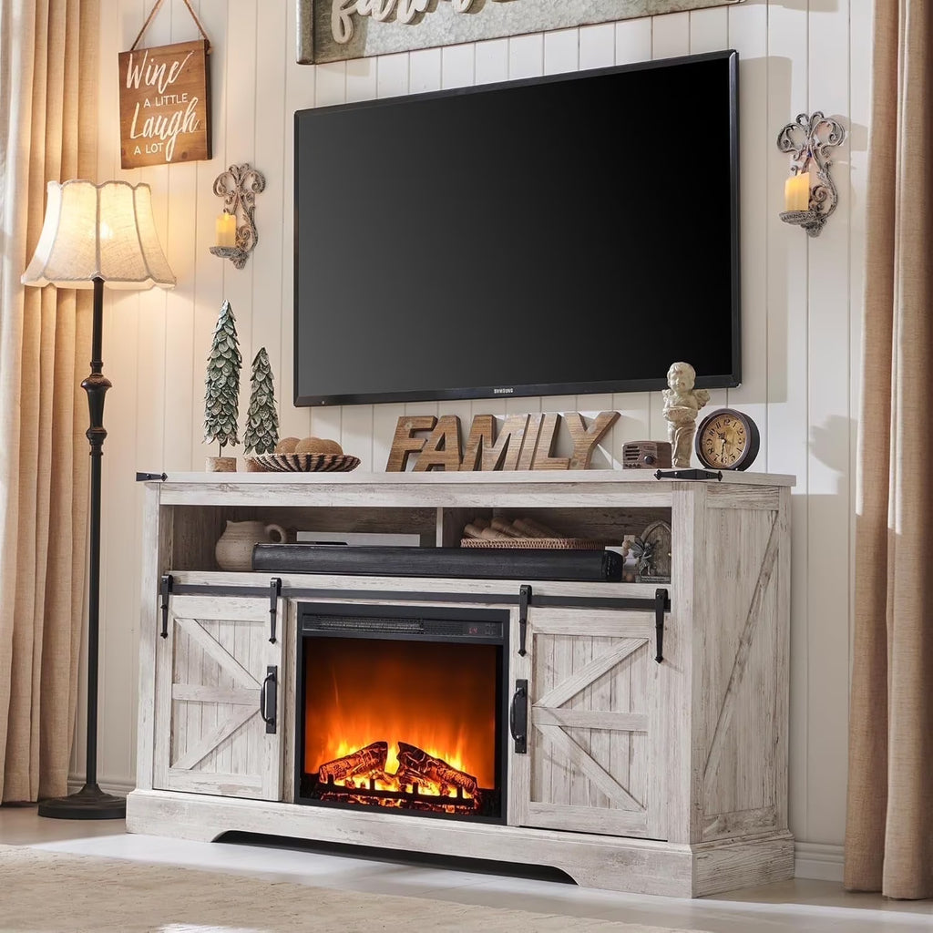 OKD Farmhouse Fireplace TV Stand up to 70", Entertainment Center with 23" Fireplace & Open Storage Shelves for Living Room, Antique White