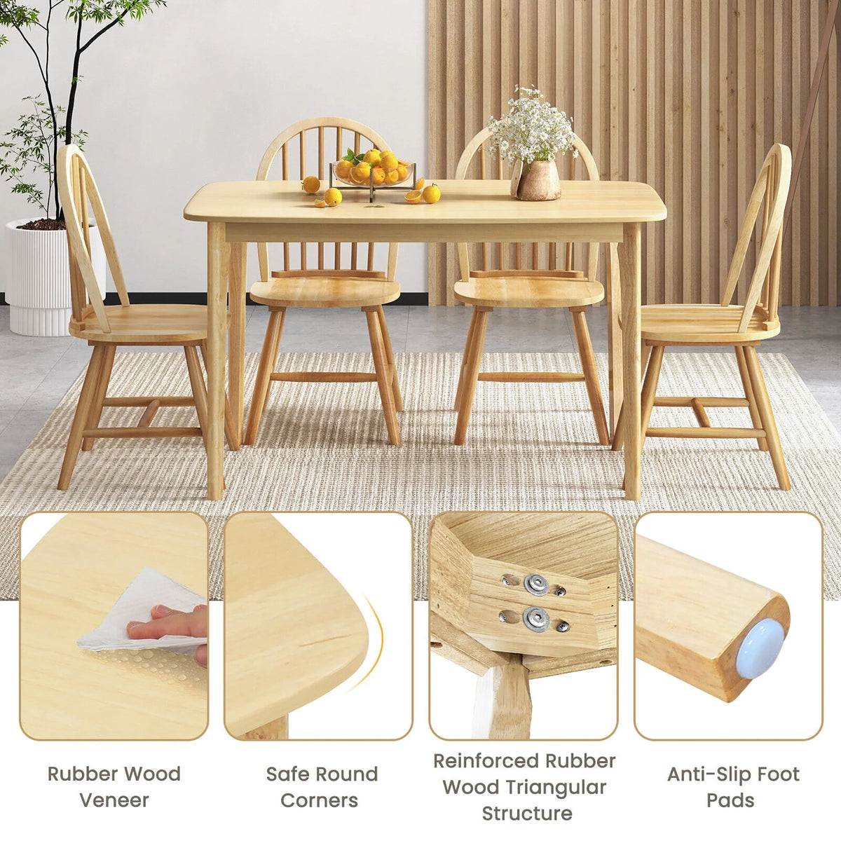 Gymax 5 PCS Wooden Dining Table Set 48'' Rectangular Kitchen Table & 4 Windsor Chairs