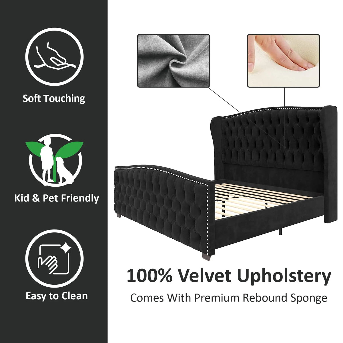 VANACC Queen Size Bed Frame, Velvet Upholstered Bed with Deep Button Tufted Wingback Headboard��Grey