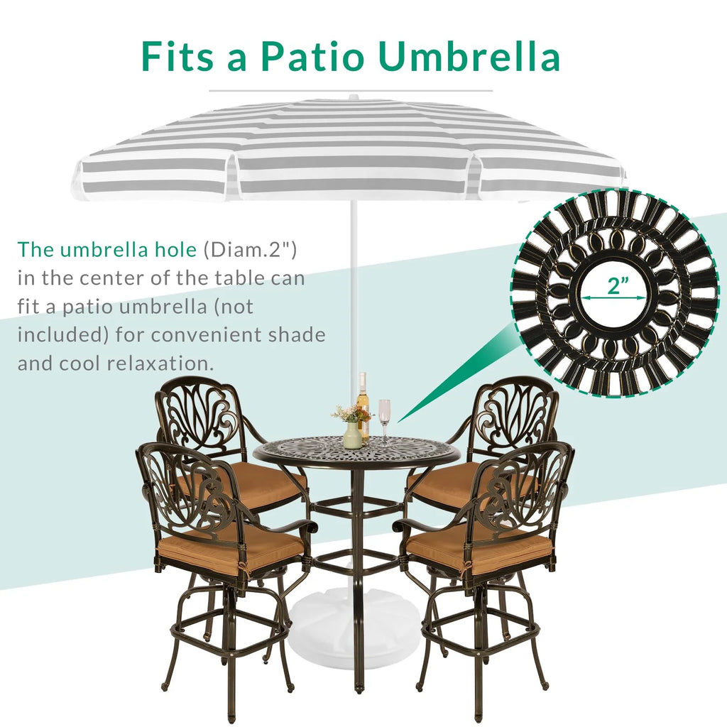 VIVIJASON 35.2" Patio Height Bar Table, All-Weather Cast Aluminum Bar Bistro Table Outdoor Patio Round Dining Table with Umbrella Hole for Balcony, Lawn, Garden, Backyard, Antique Bronze