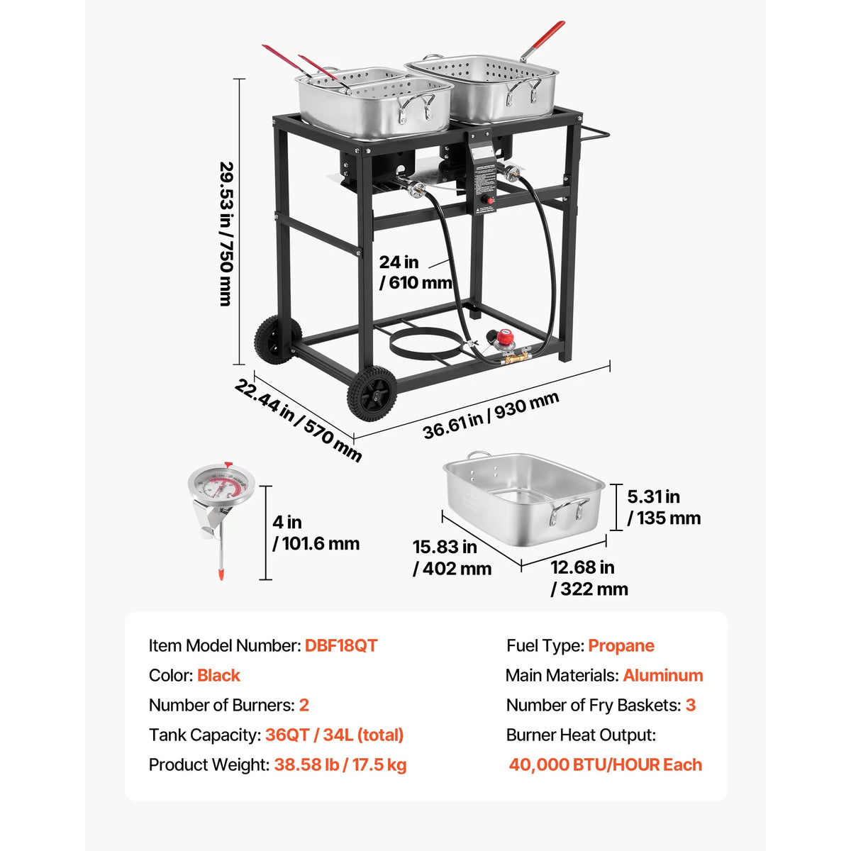 KFFKFF Outdoor Propane Deep Fryer, Dual-Tank 18QT x 2 Commercial Fryer, Portable Frying Cart with Wheels, 3 Baskets, 2 Thermometers, Stainless Steel Cooker for Fish, Wings, and Fries, 40,000 BTU