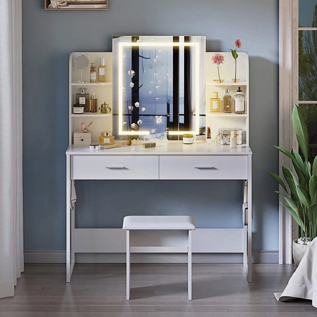 Vanity Desk with Chair, White Makeup Desk Set with Mirror & LED Lights, Vanity Table with Power Strip, 2 Drawers, 4 Shelves