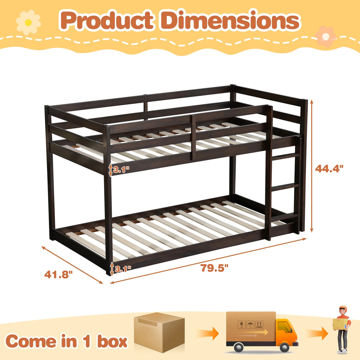 SESSLIFE Bunk Bed Twin Over Twin, Low Floor Bunk Bed with Guard Rails for Dorm, Small Space, No Box Spring Needed(White)