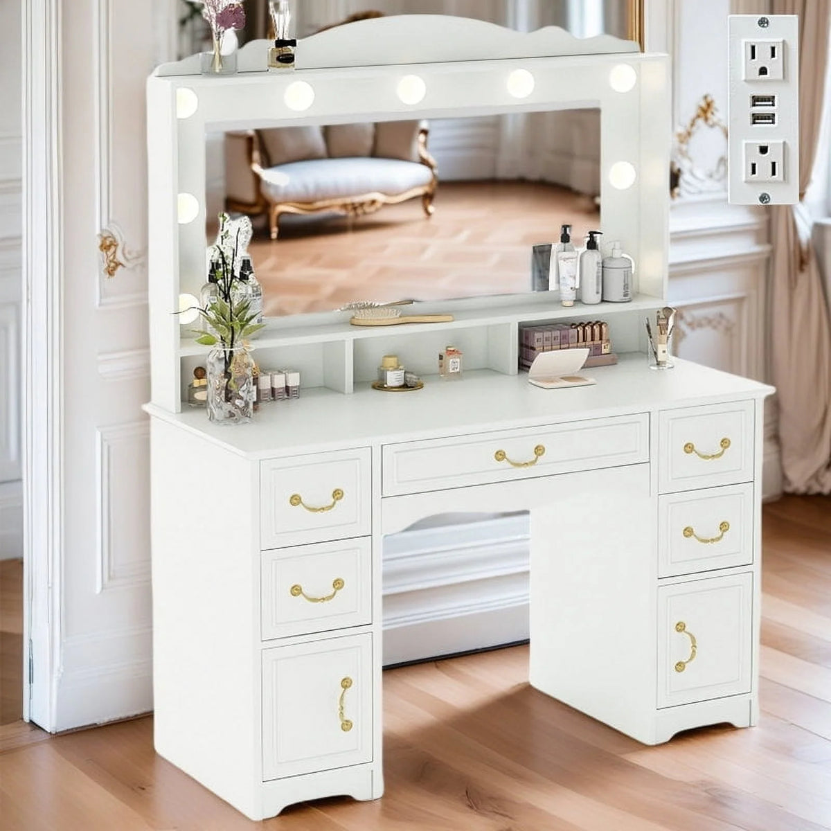 Vanity Desk with Mirror and Light 1 Piece Bohemian White Vanity Table,French Country Style