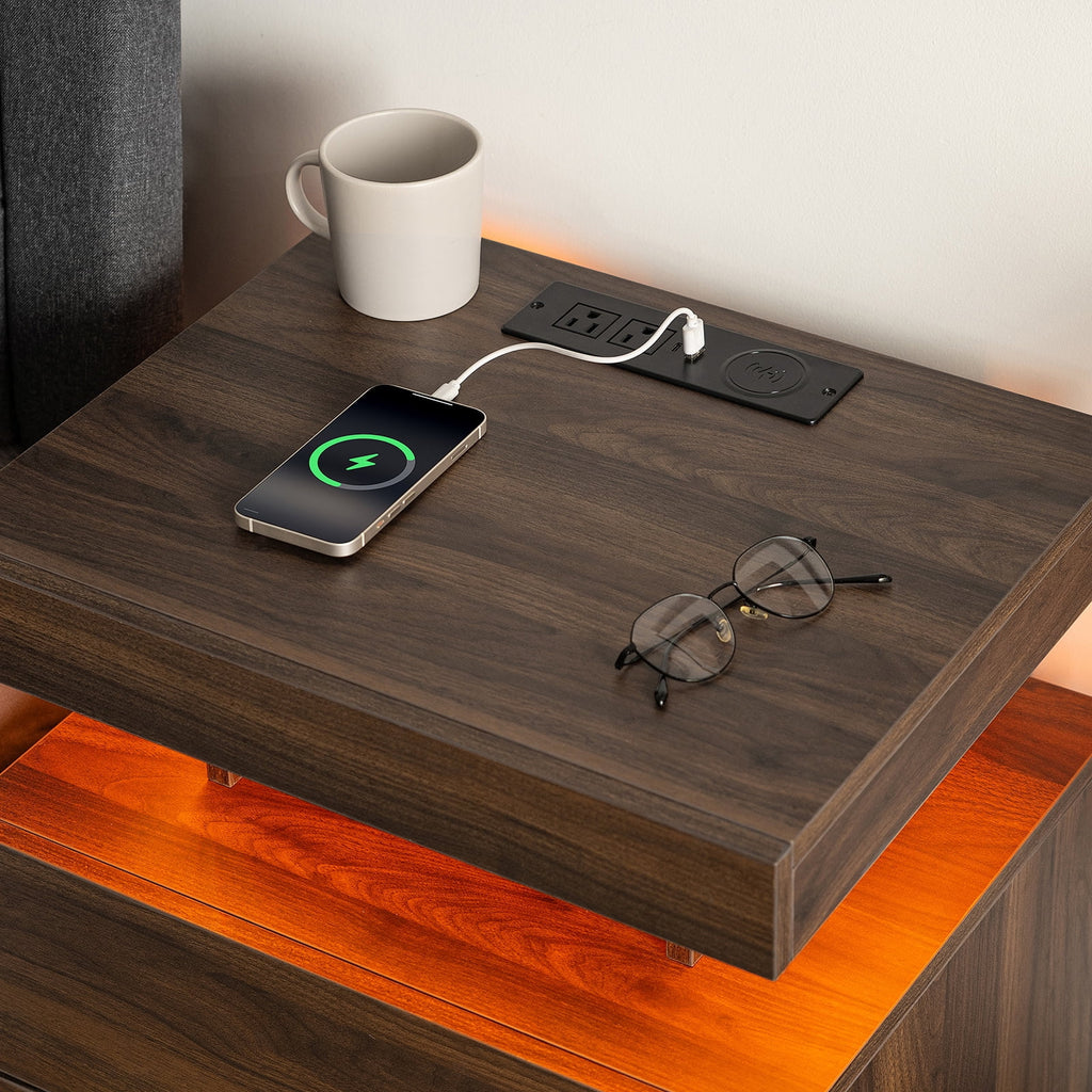 Hommpa LED Nightstand with Wireless Charging Station Modern Nightstand Type C USB Port 2 Drawers Bedside Table Black Smart Night Table High Gloss End Side Table for Bedroom Furniture 22.3" Tall