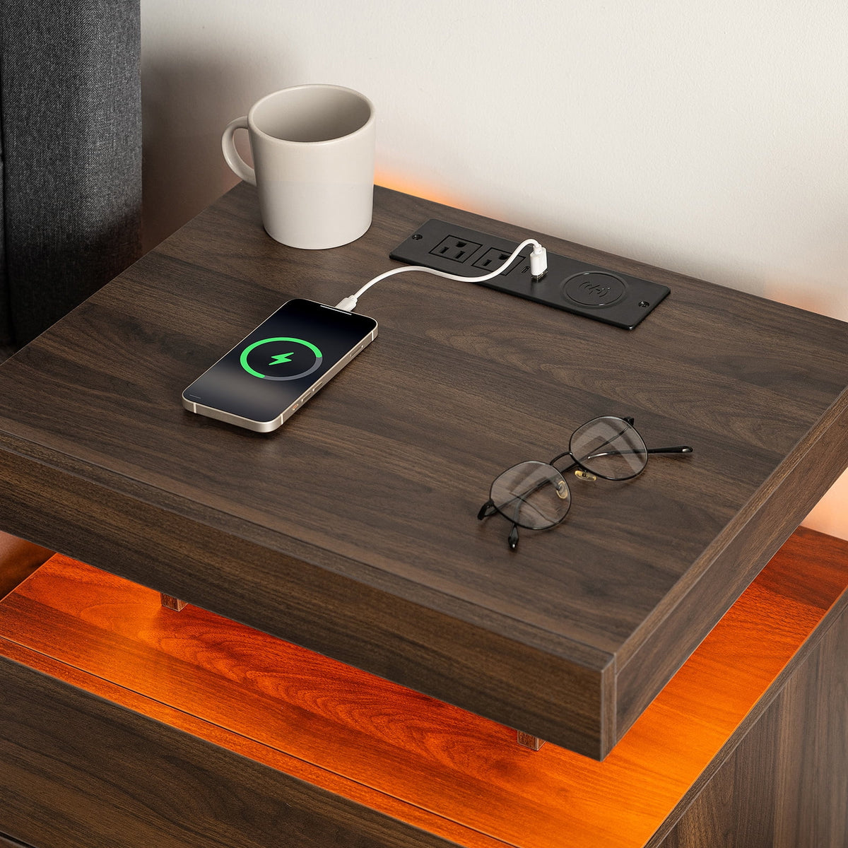 Hommpa LED Nightstand with Wireless Charging Station Modern Nightstand Type C USB Port 2 Drawers Bedside Table Black Smart Night Table High Gloss End Side Table for Bedroom Furniture 22.3" Tall