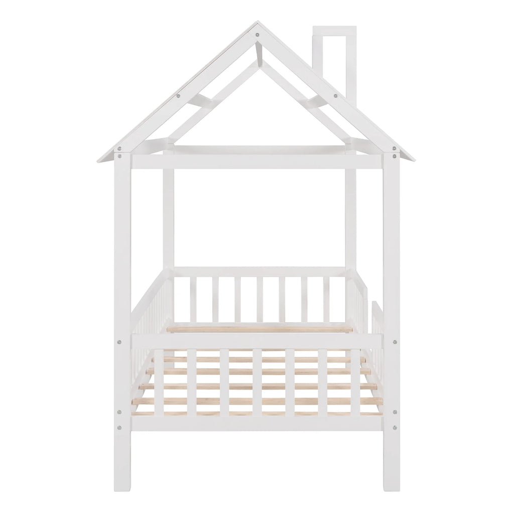 Euroco Twin Size Platform Bed, House Bed with Fence for Kids, Gray
