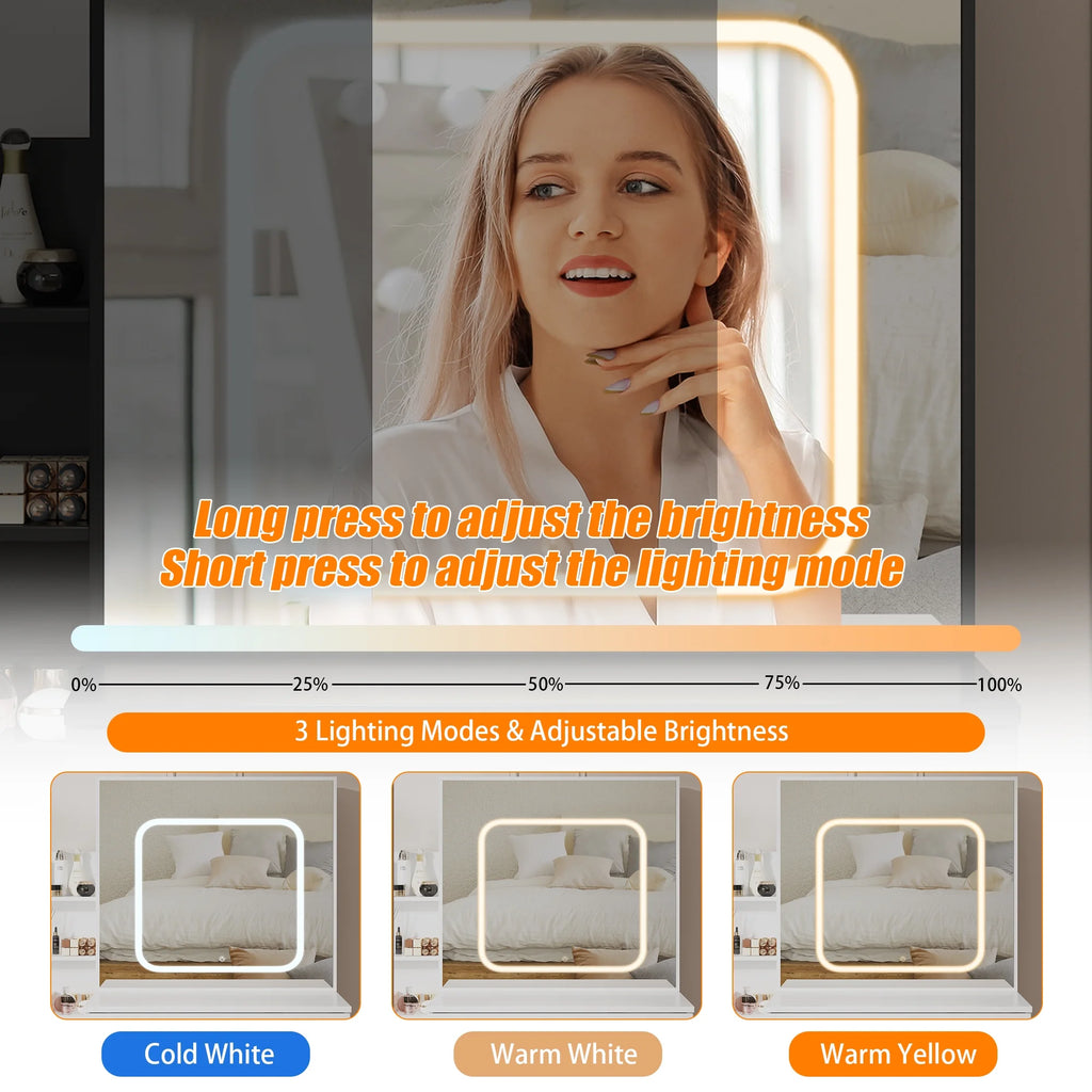 Vanity Desk with Sliding Mirror and Lights, Makeup Vanity Set with 4 Drawers, Stool, Power Outlet, Open Shelves, 3 Color Adjustable Lighting Modes, Makeup Dressing Table for Bedroom, White