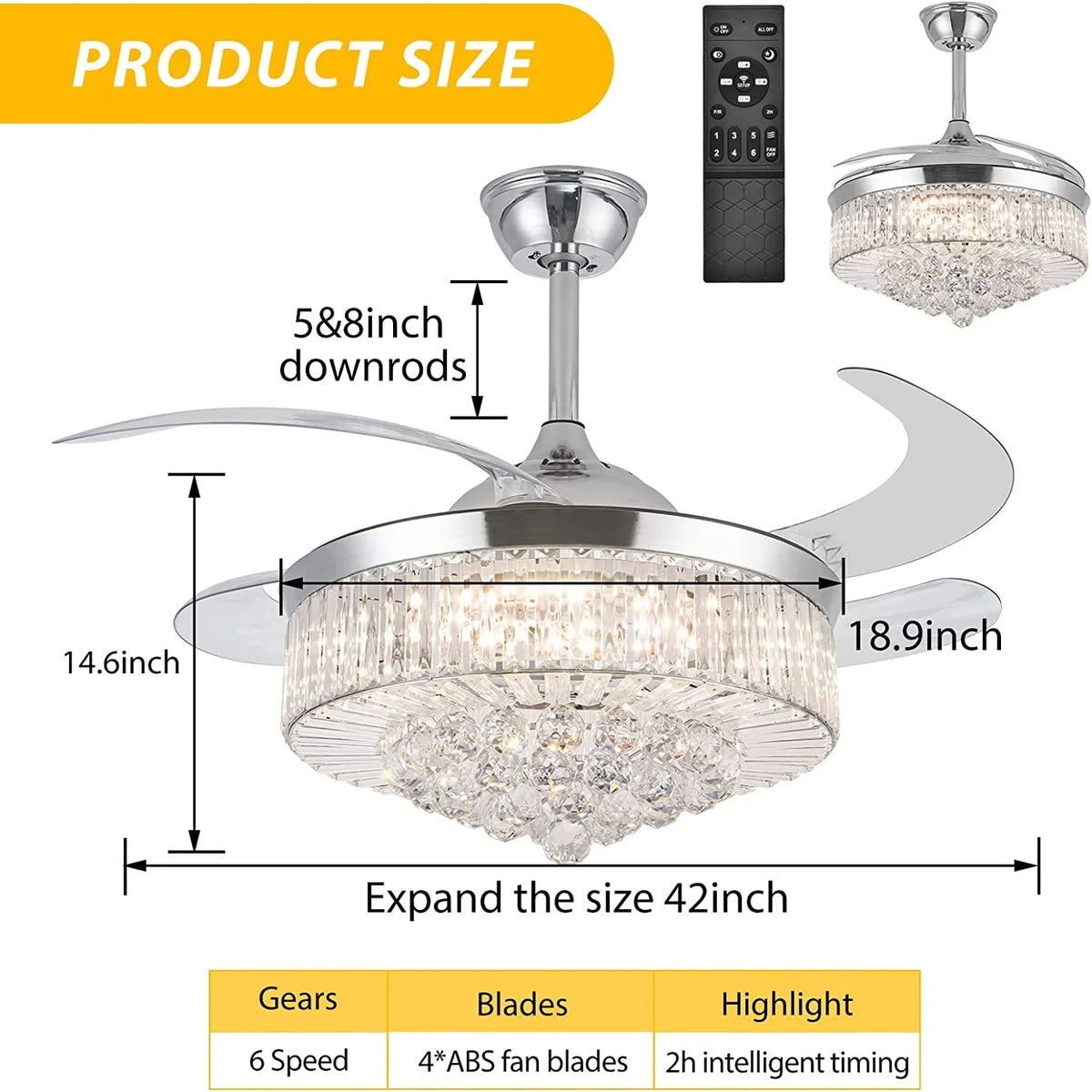 Datingday 42 Inch Crystal Ceiling Fan Golden Crystal Ceiling Fan Chandelier with Remote 6 Speeds 3 Colors Changes Lighting Fixture, 4 Blades Retractable Fans for Bedroom Living Room Dining Room