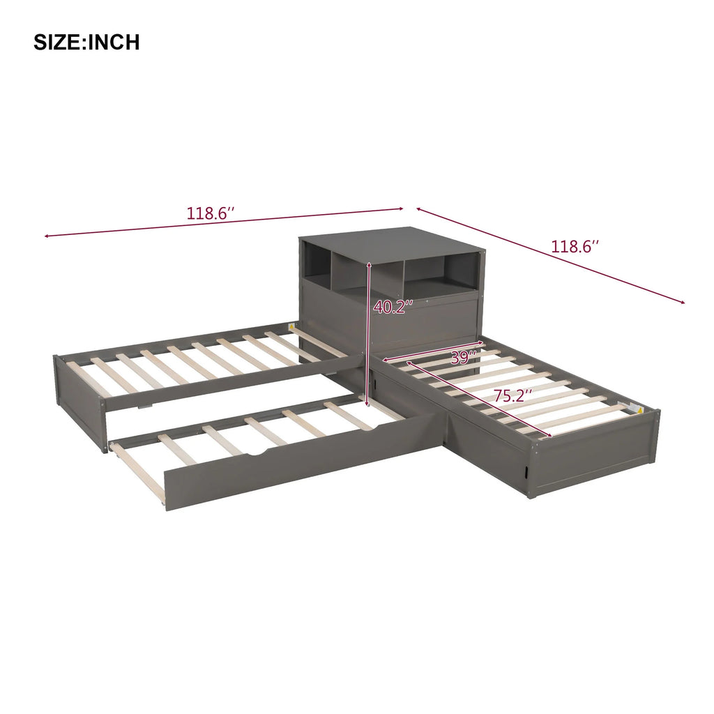 Euroco Pine Wood L-Shaped Twin Platform Bed with Storage Desk, Cabinets, Trundle and LED Light for Kids Teens, Gray
