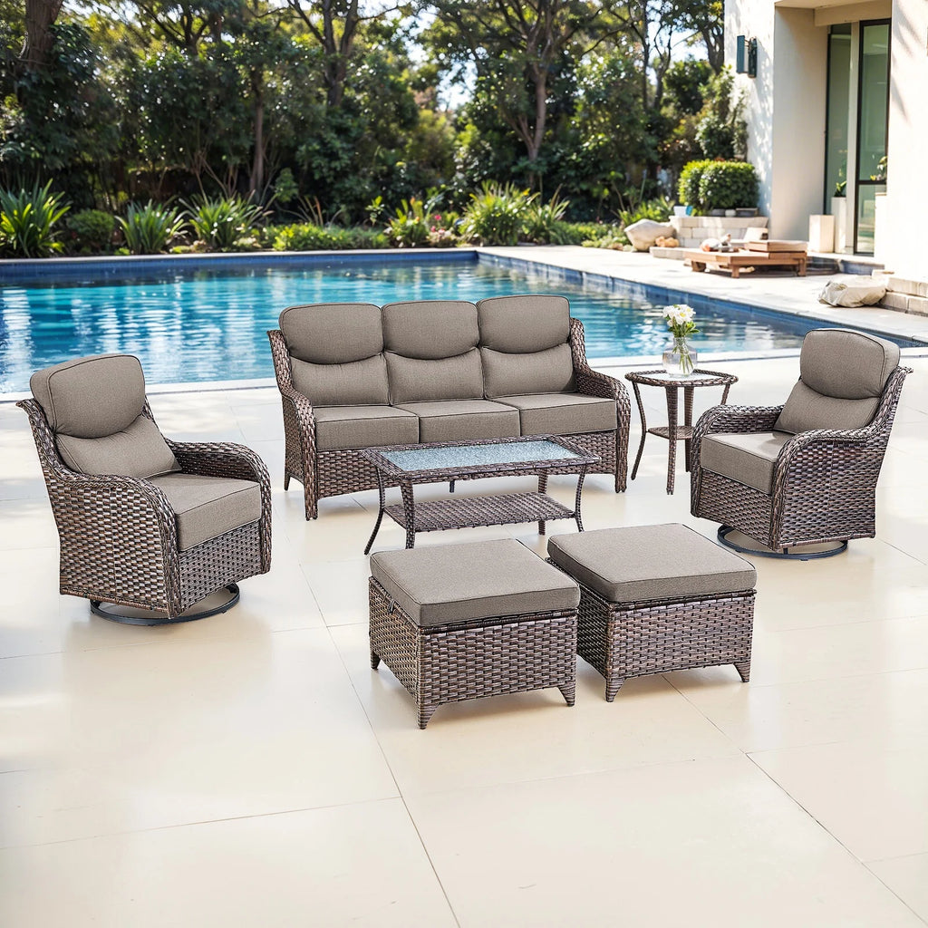 Bellefurn Luxury Outdoor Patio Furniture Set,Swivel Rocker Patio Chairs with 6-inch Thick Cushion,Patio Sofa and Glass Coffee Table,Outdoor Conversation Set for Porch, Deck, Yard