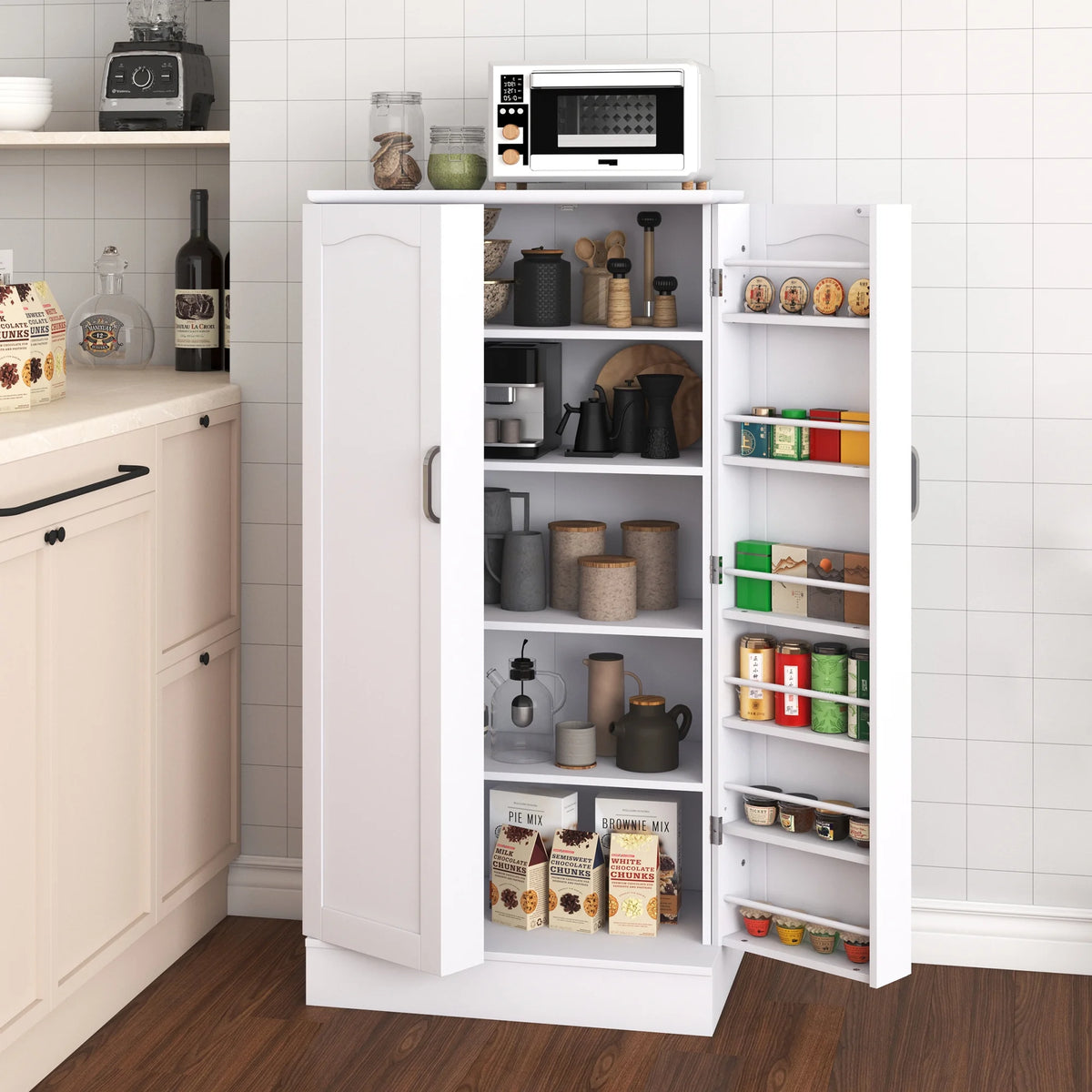 47 Kitchen Pantry Cabinet, White Buffet Cupboards Sideboard with Doors & Adjustable Shelves, Kitchen