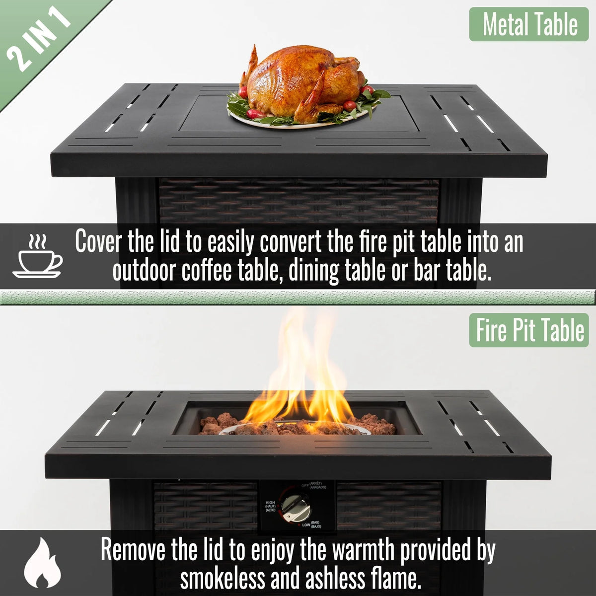 28" Fire Pit Table, Propane Fire Pit with Lid, Lava Rocks, 50000 BTU Outdoor Gas Fire Pit, Metal Square Propane Fire Pit for Outside Garden Backyard Deck Patio, Brown, LLL4008