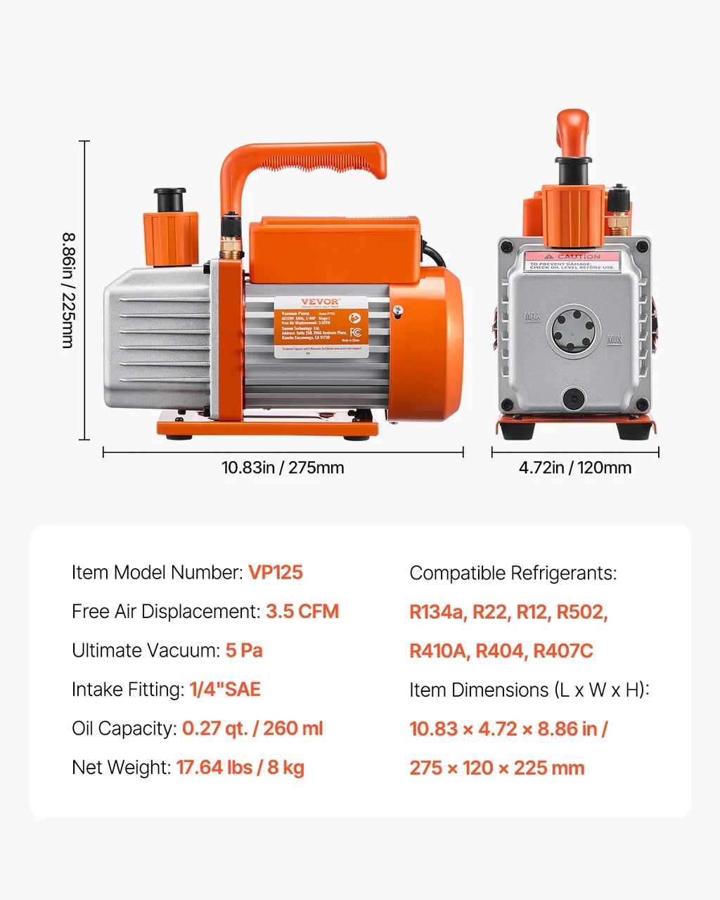 VEVOR 3.5 CFM AC Vacuum Pump and Gauge Set,Single Stage Rotary Vane HVAC Air Vacuum Pump,A/C&nbsp;Refrigerant&nbsp;Manifold Gauge Kit, with Hoses,for R134a,R12,R22,R502a,R410A,R404,R407C Refrigerants