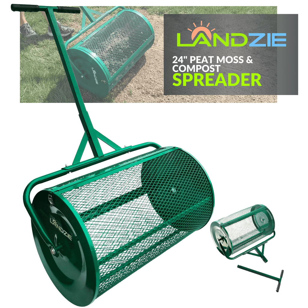 Landzie Compost Spreader 24 Inch Walk-Behind Lawn & Garden Spreader with Metal Mesh Basket