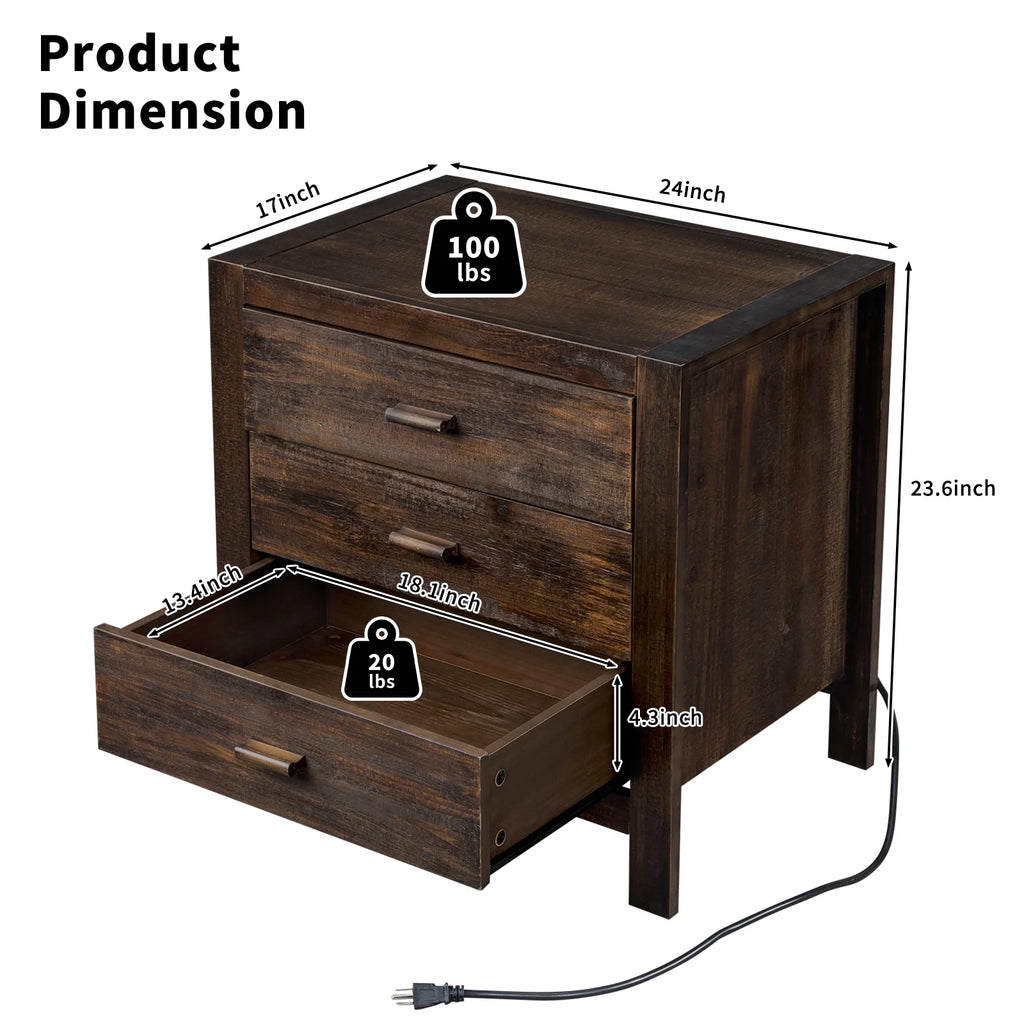UBesGoo Nightstand 2 Drawer Dresser Side Table, Soild wood & MDF with Solid Wood Veneer, Brown