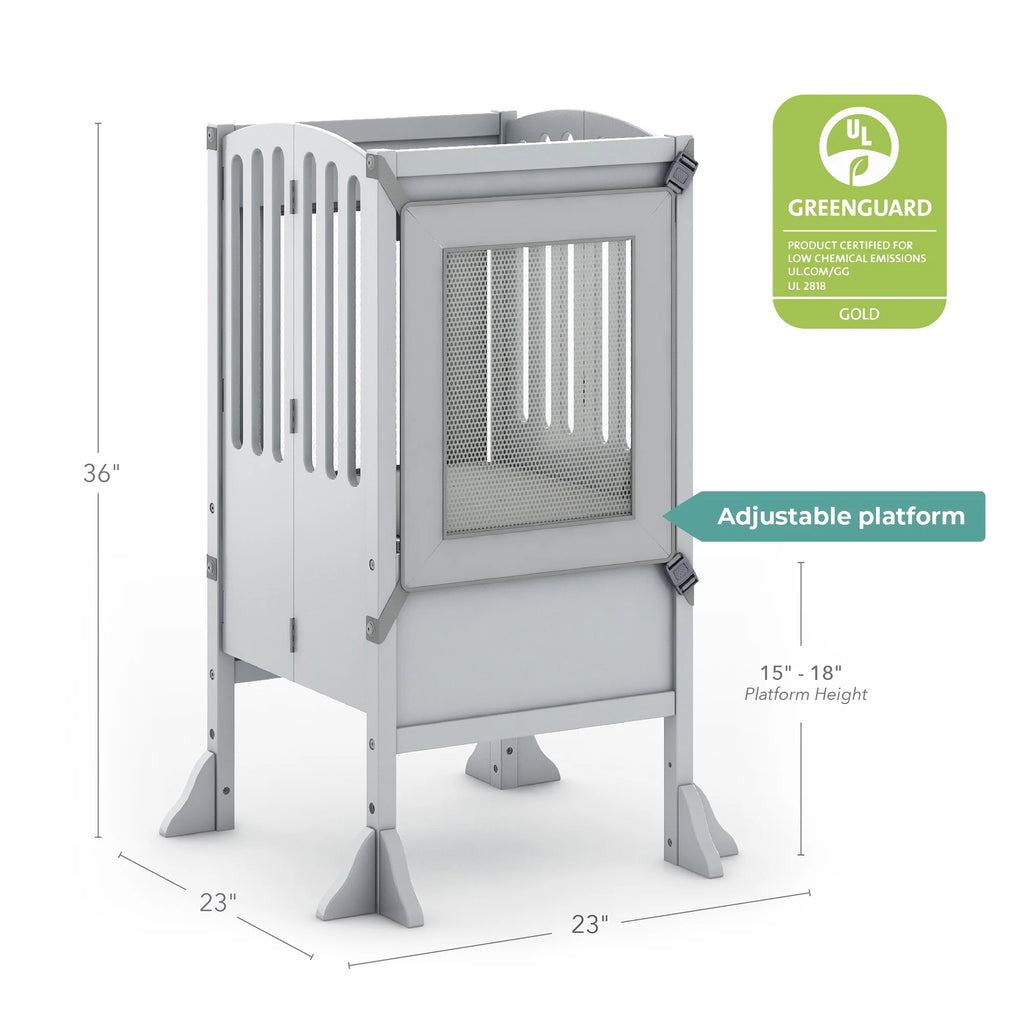 Guidecraft Contemporary Kitchen Helper Step Stool - White: Adjustable, Folding Montessori Toddler Tower - Safety Learning Furniture