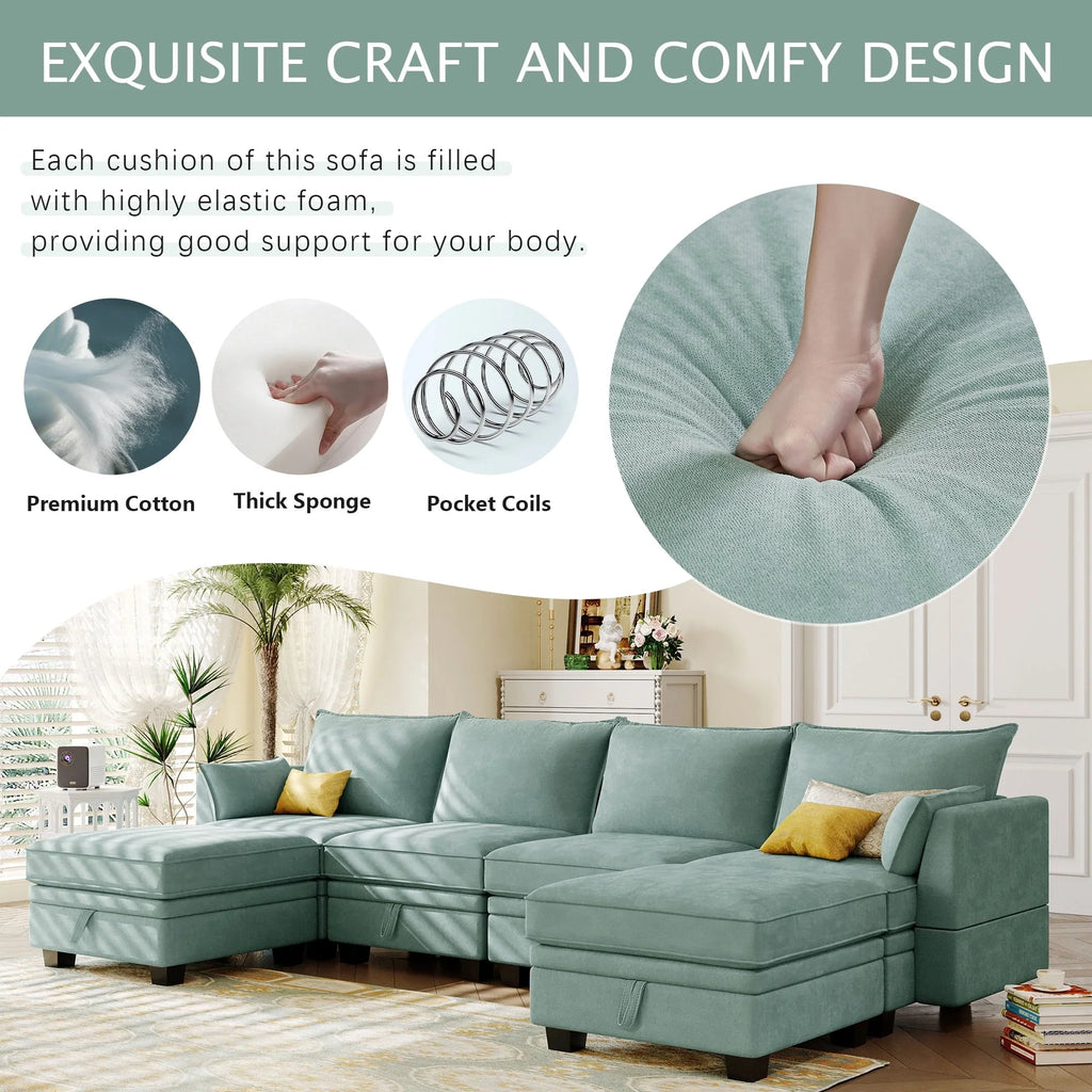 Euroco Large U-Shaped Sectional Sofa 6 Seat Convertible Sofa with Storage Seat, Modular Sofa with 2 Stools, Green