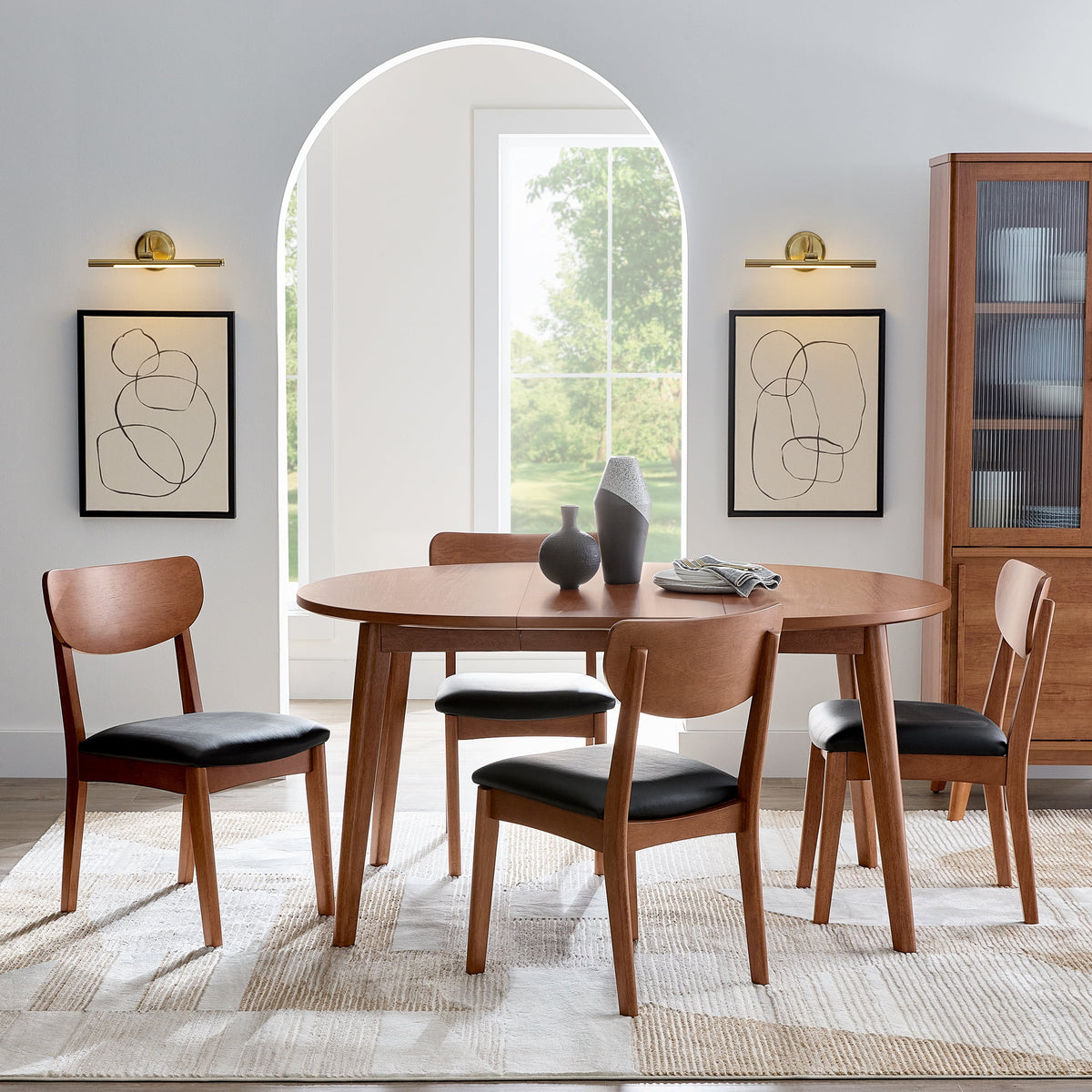 Better Homes & Gardens Greyson Mid-Century Dining Chairs, Black Faux Leather, Acorn Finish, Set of 2