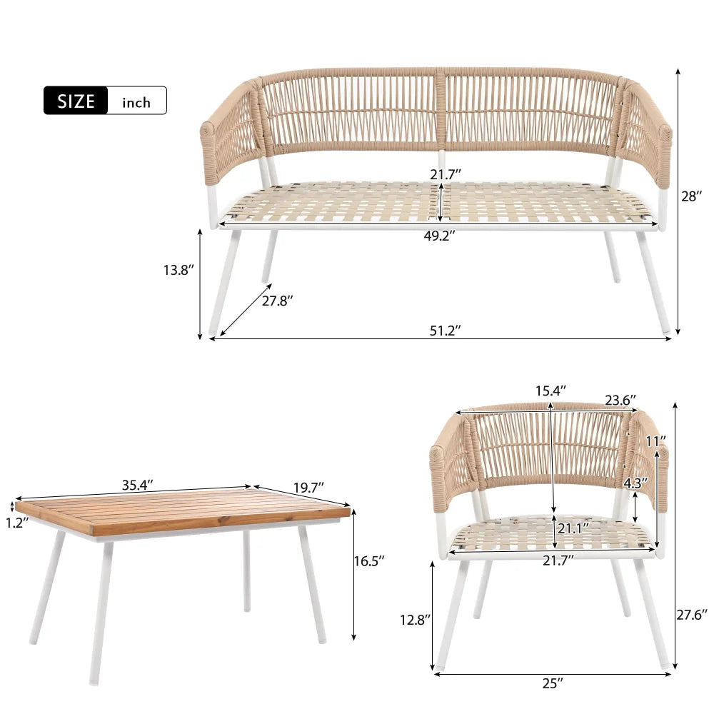 4-Piece Rope Patio Furniture Set with Ajustable Feet, Boho Rope Outdoor Conversation Set with Wood Table, Sofa Seating Set with Thick Cushion for Backyard Lawn Garden, Beige