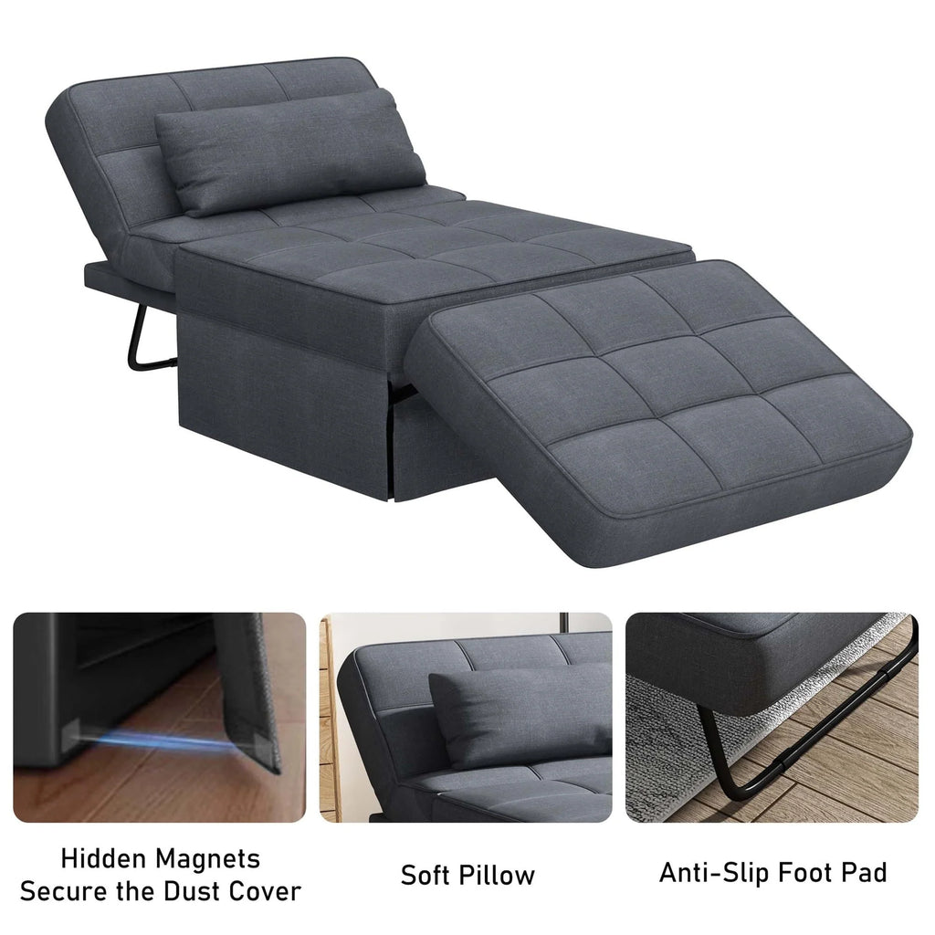 Aukfa 36" Wide Folding Chaise Futon Convertible Sofa Bed, Ottoman, Adjustable Backrest, Linen, Gray