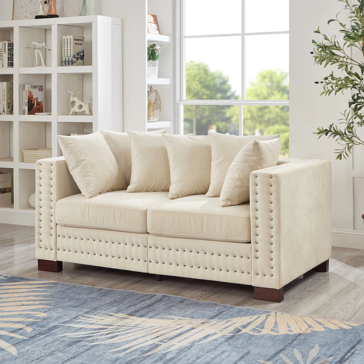 Modern Velvet Sofa Set 2+3 Seater Sofa Loveseat Couch with Silver Nail Trim, Square Armrests and Hidden Storage, Luxury Living Room Couch with Pocket Spring Cushions