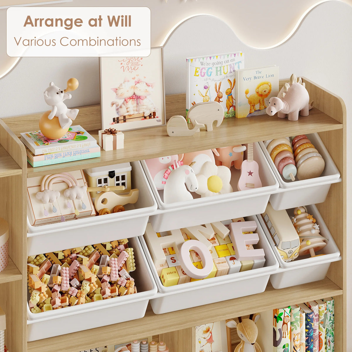 Hiphuta 55"In Kids Bookcase with Toy Storage Organizer, Wood Cube Bookcase Toy Chest of 8 Compartments & 6 Movable Bins, Bookshelf for Kids Bedroom, White