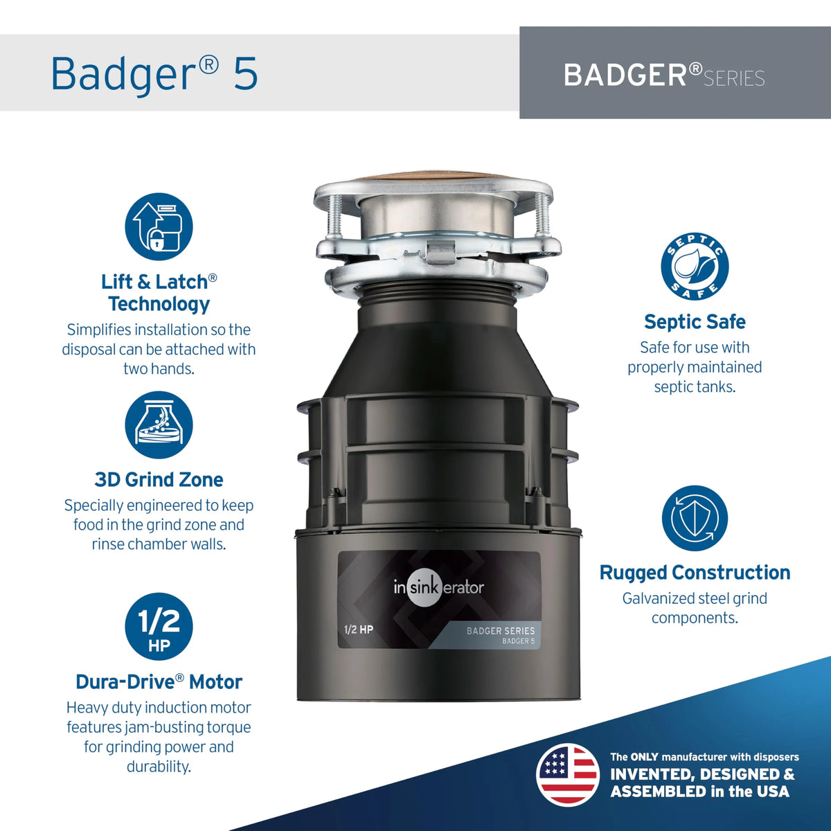 InSinkErator Badger 5 Garbage Disposal, Standard Series 1/2 HP Continuous Feed Food Waste Disposer, Black, Set of 1 C80