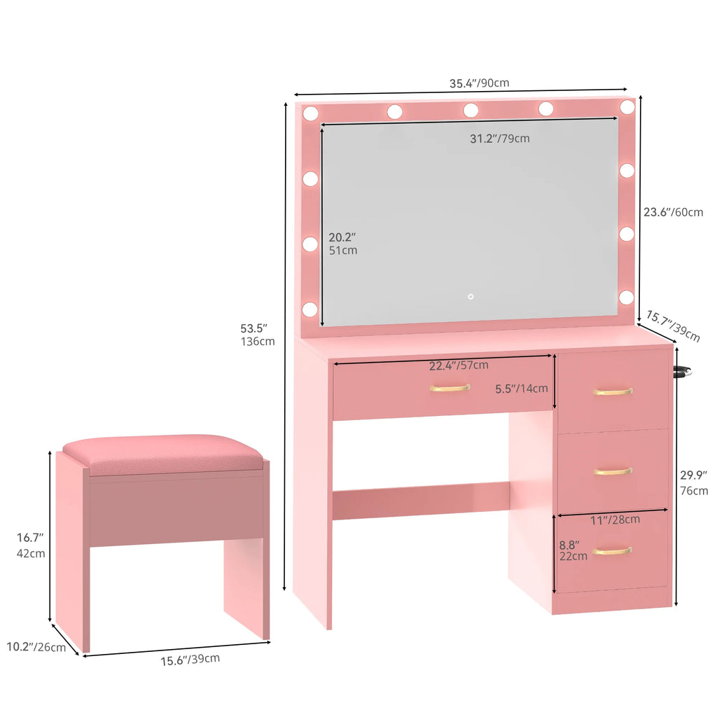 Dextrus Makeup Vanity Desk with Large Lighted Mirror and Storage - Enhance Your Beauty, Routine 4 Drawer Vanity Table with Cushioned Stool, Milky-White