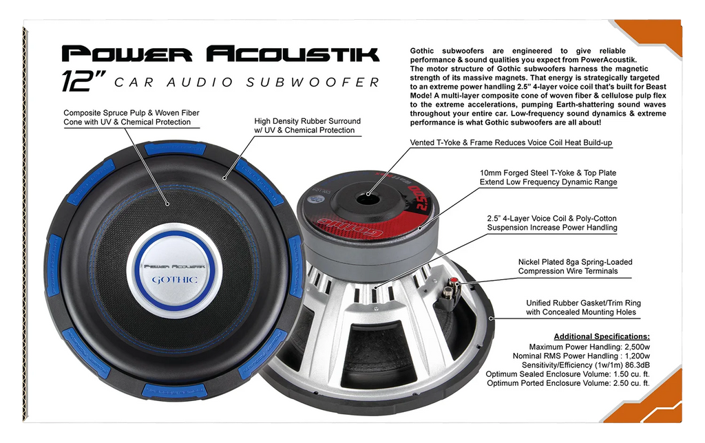 Power Acoustik Gothic Series GW-124 Premium 12" Subwoofer - 2,500 Watt Max, Composite Fiber Rigid Cone (New)