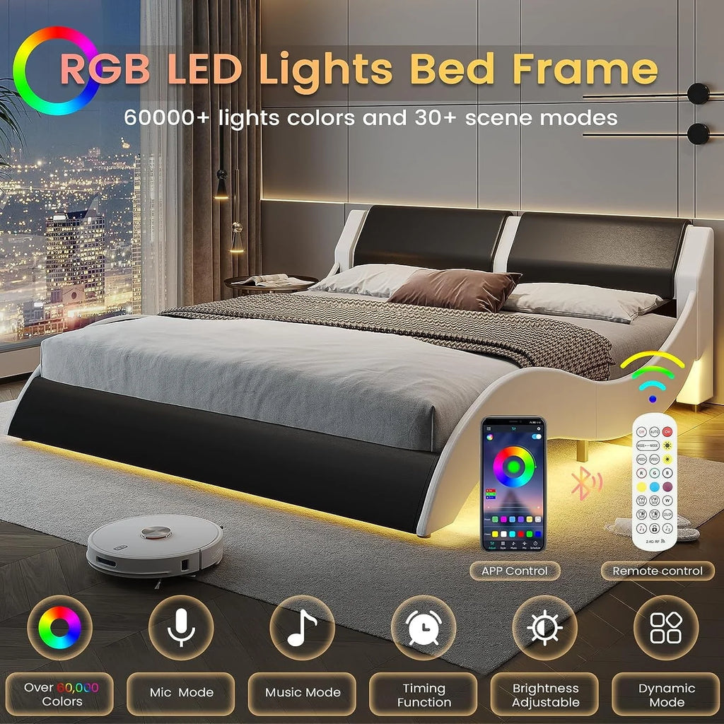 Queen Size Bed Frame with LED Lights,Modern Platform Bed Frame with Upholstered Headboard,Faux Leather Wave Like Low Profile Bed Frame,No Box Spring Needed,Black