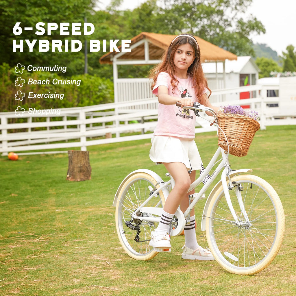 Glerc Missy 24" Girls Cruiser Bike 6-Speed Women's Hybird Bicycle for Ages 7-11 Years, Mint Green