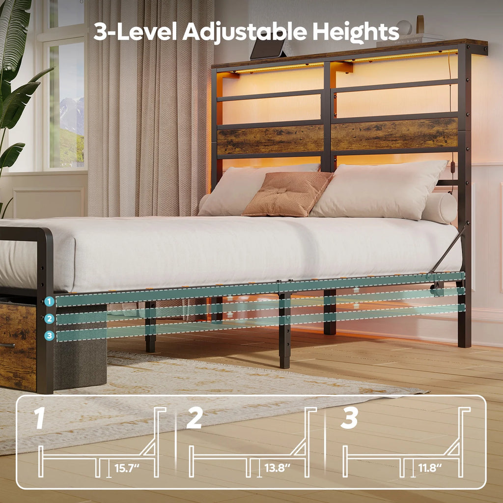Pinmoco LED Queen Bed Frame with 49.2" High Storage Headboard and 4 Drawers, Adjustable Base Height Metal Platform Bed with Charging Station, Rustic