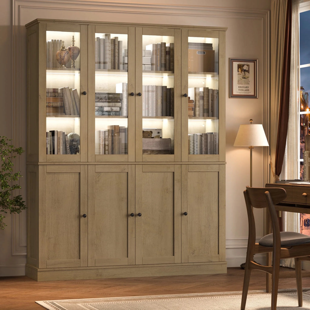 Homfa Kitchen Pantry Cabinet with Glass Doors, 74���� Tall Display Cabinets with LED & Adjustable Shelves for Living Room Office, White