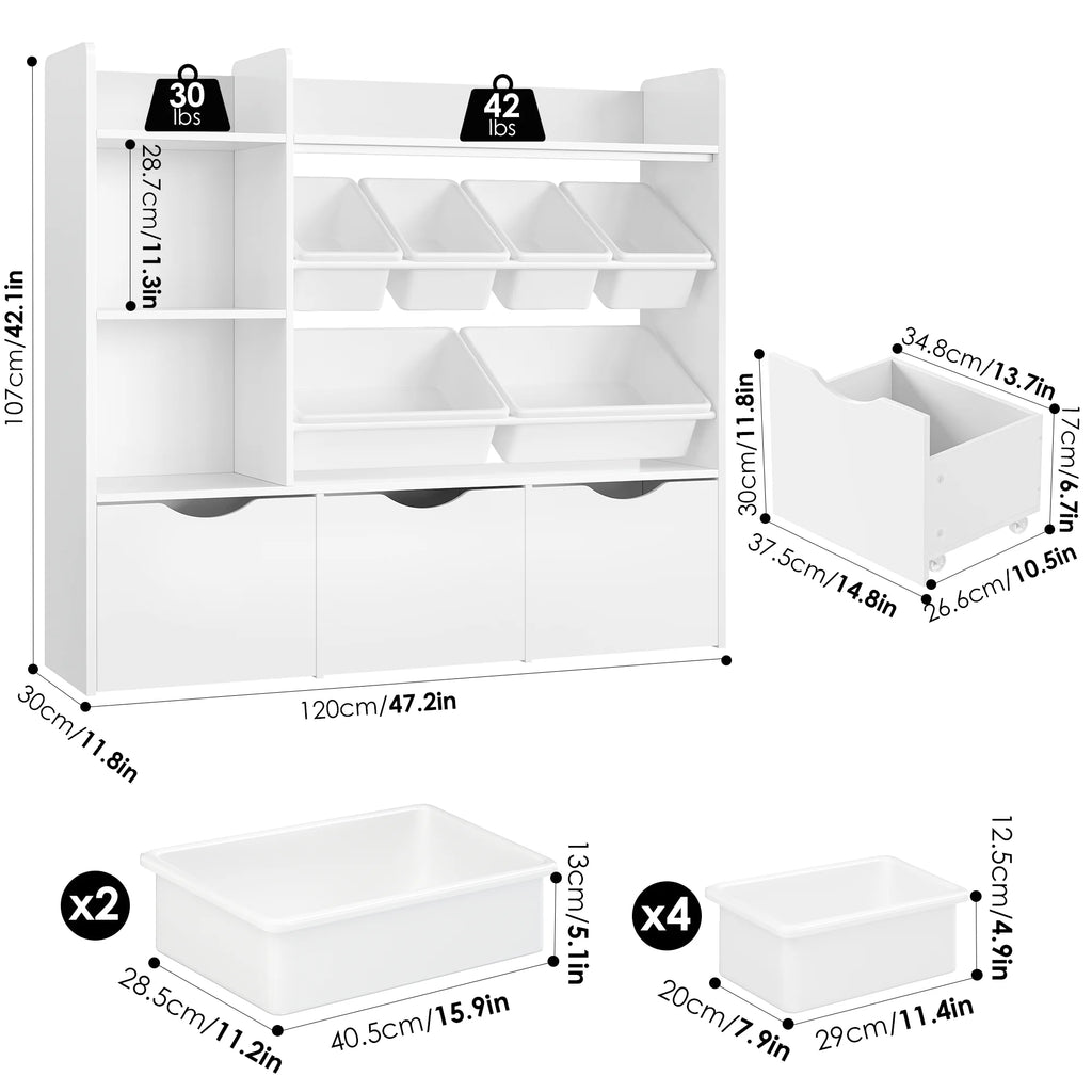 Homfa Kids Bookcase with 6 Storage Bins, Multi-Purpose Toy Organizers Bookshelf with 3 Drawers for Bedroom Nursery Playroom, White