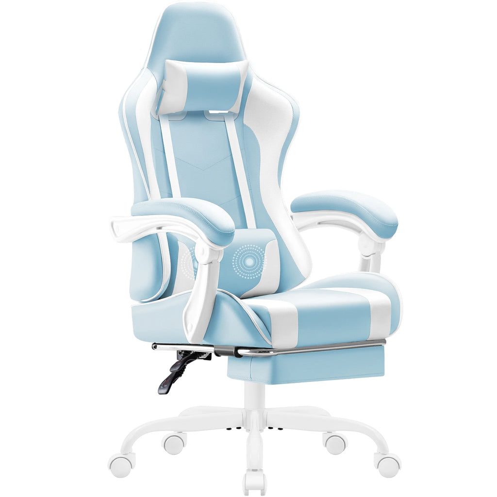 Lacoo PU Leather Gaming Chair Massage Ergonomic Gamer Chair Height Adjustable Computer Chair with Footrest & Lumbar Support, White